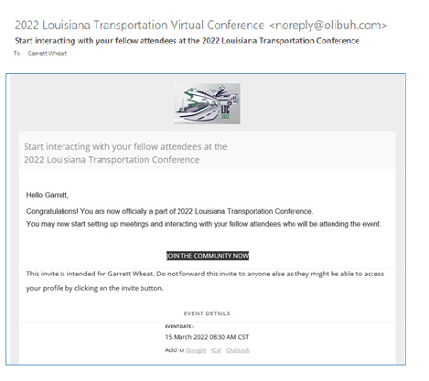 screen shot of email from Louisiana Transportation Virtual Conference